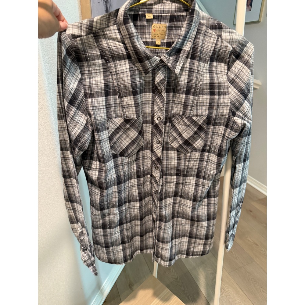 Guess Y2K Womens Plaid Metallic Shimmer Western Button Down Shirt Black White L